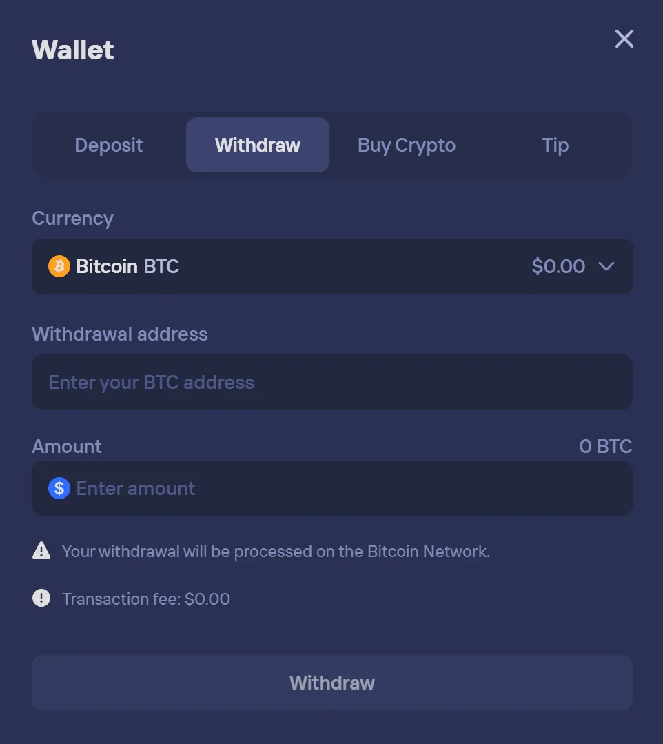 Duel Casino Instant Crypto Deposit and Cashout Interface
